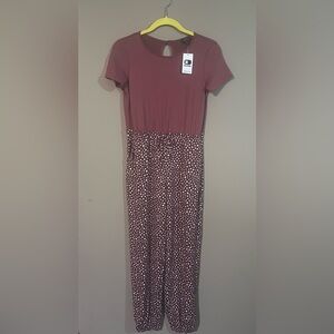 Mauve Short Sleeve Polka Dot Waist Tie Jump Suit